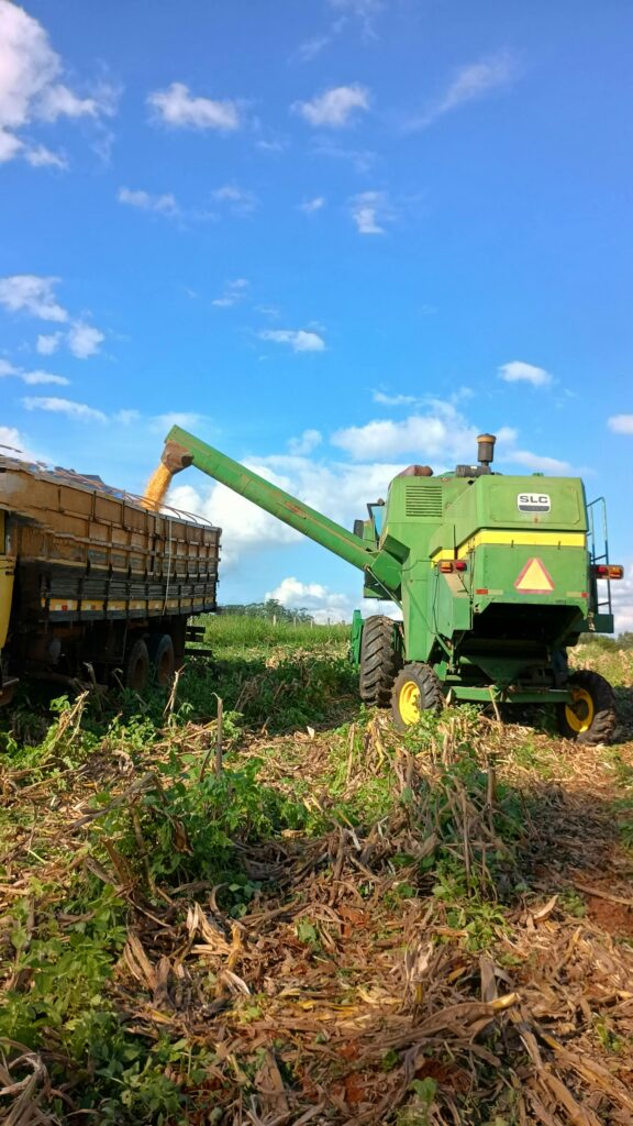 pexels-photo-32039710-32039710 Combine harvester unloading grain into truck under blue sky in Brazilian field.
